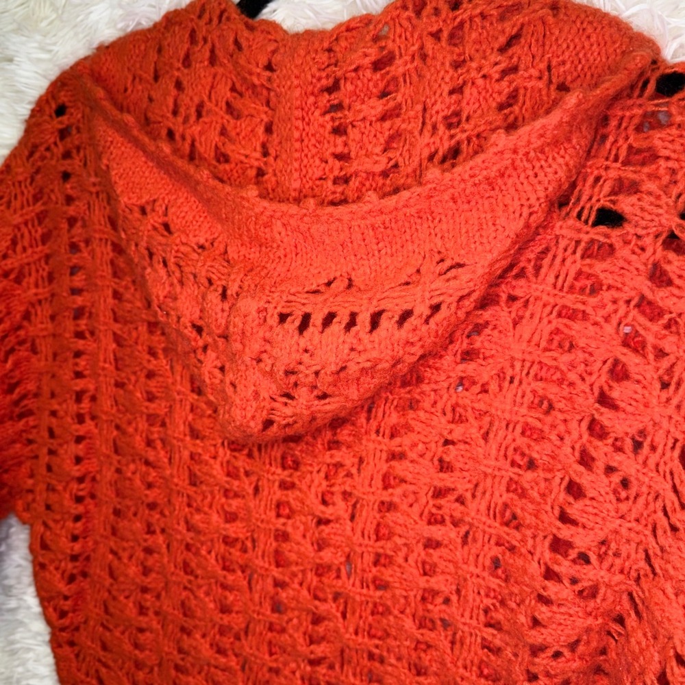 Free‎ People Orange Open Knit Hooded Sweater Wool Blend Henley Button Size Small - Picture 7 of 9